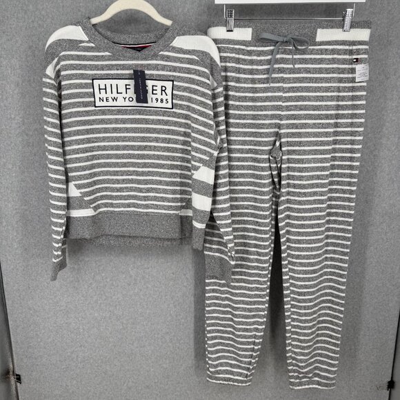 Tommy Hilfiger Womens Rugby Stripe Lounge Set Size S Gray White Soft Knit NEW - Picture 1 of 16